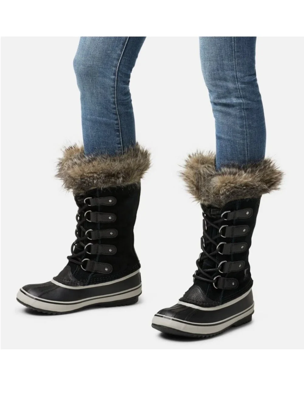 Sorel Joan Of Arctic Winter Boots Faux Fur Trim Lining Black & Tan Women's 8